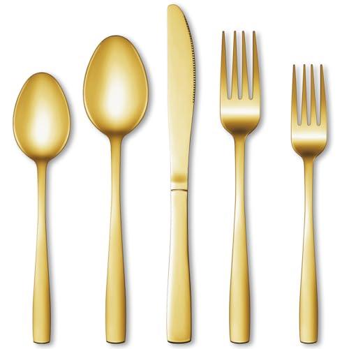 20 Pcs Gold Silverware Set, Stainless Steel Flatware Set for 4, Food-Grade Cutlery Set, Mirror Polished Tableware Eating Utensils Set for Home Kitchen, Include Knife Fork Spoon Set, Dishwasher Safe