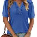 KISSMODA Women's Tunic Tops Casual V Neck Short Sleeve T Shirts Summer Puff Sleeve Ruffle Blouses (L)