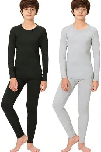 Rolimaka 2 Set Youth Boys' Thermal Underwear Set Fleece Lined Compression Shirt Leggings Pants Kids Base Layer Cold Weather Size M
