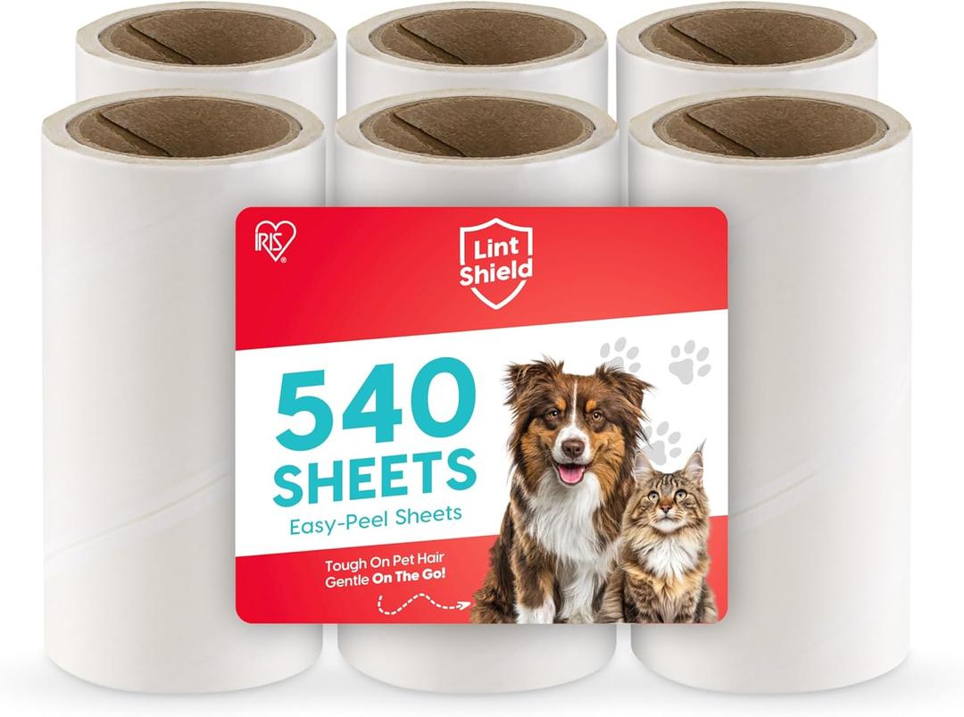 IRIS USA Extra Sticky Lint Rollers, 6 Pack of Standard Refills Only - No Handle/Cover Included - 90 Sheets/Roll, 540 Sheets Total, for Dog Cat Pet Hair On Clothes, Couch, Bed, Floor, Car, Stairs