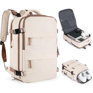 coofay Large Travel Backpack Carry on Flight Approved Mochila De Viaje Personal Item Travel Bag Backpacks for Men Women Carry on Backpack for Airplanes 18x14x8 Inches Travel Bag Beige with Brown