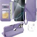 VANAVAGY Compatible for iPhone 16 Pro Max Wallet Case, PU Leather Flip Cover with Wrist Strap RFID Blocking Card Holder for Wireless Charging, [Screen Protector & Camera Cover],Clove Purple