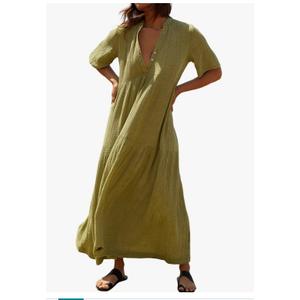 R.Vivimos Womens Summer Cotton Flowy Maxi Dress Short Sleeve V Neck Empire Waist Boho Tiered Ruffle Casual Loose Long Dresses, S, Army Green