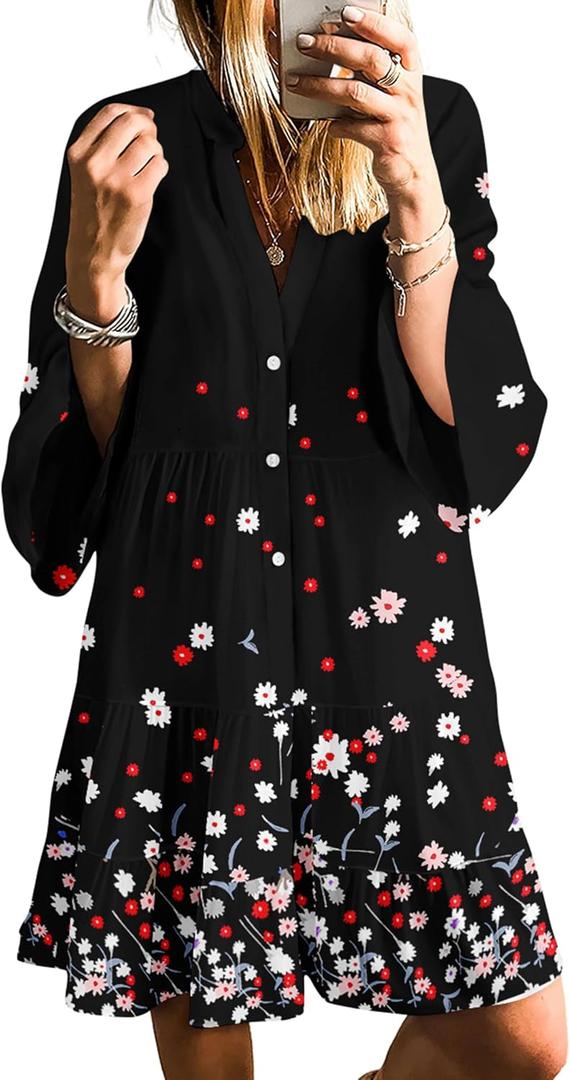 SELINK Womens Long Sleeve Dresses Casual V Neck Tribal Print Button Flowy Boho Mini Beach Dress (Black, L)