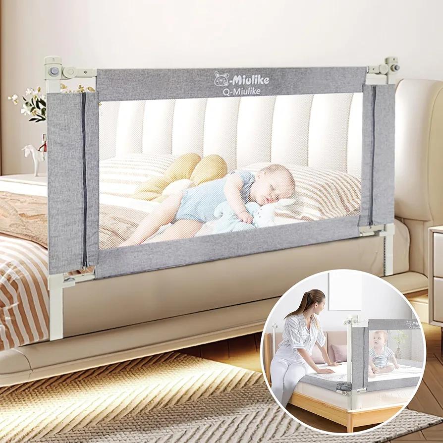 Q-MIULIKE Baby Bed Rails for Toddlers Crib Guard Rail Safety Rail Guards with Double Child Lock, 28 Height Adjustable Toddler Bed Rails (Gray, 58", 1 Piece) for King Queen Twin Full Size Bed
