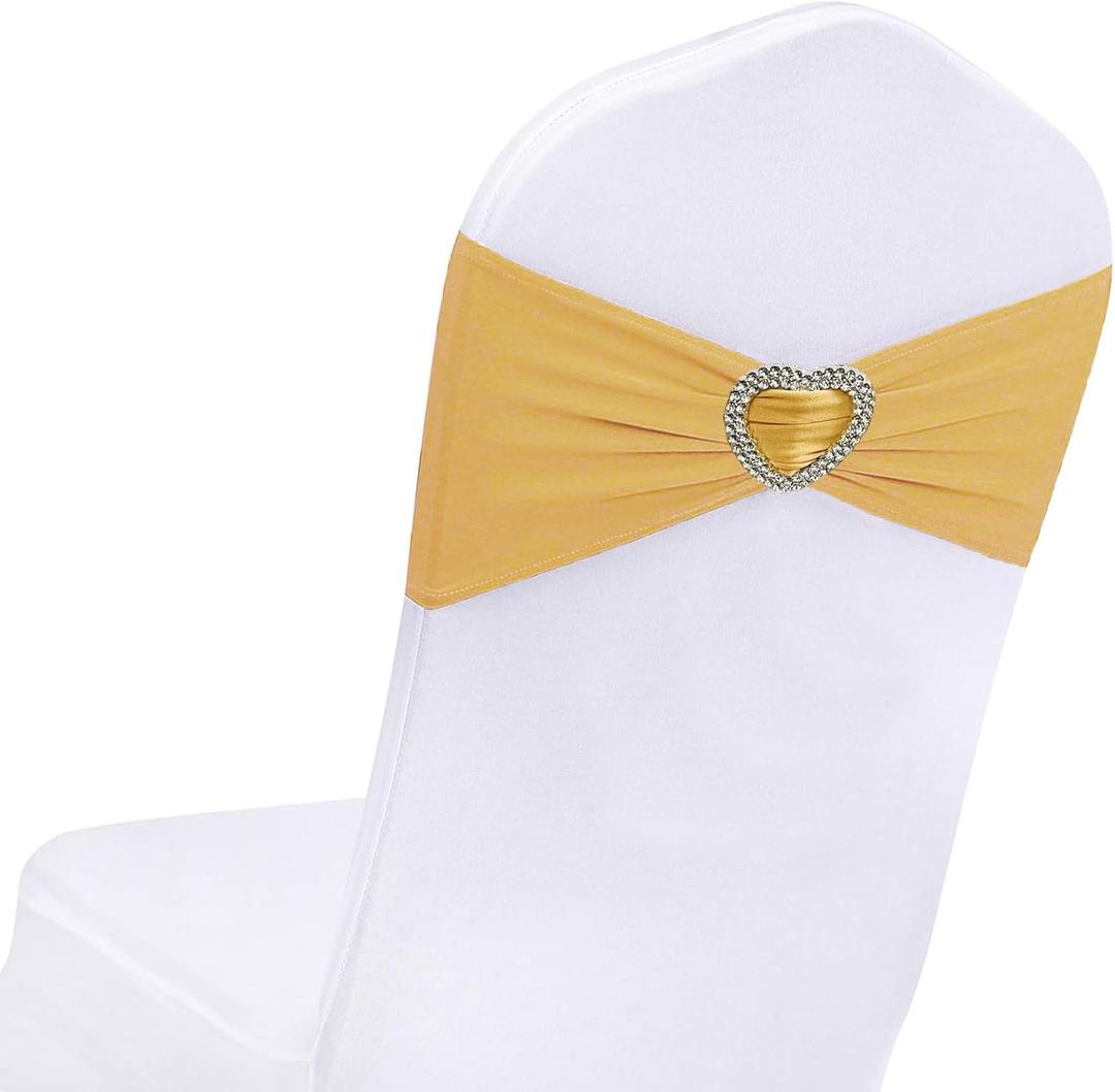 Gold Chair Sashes for Wedding 50 PackSpandex Gold Sashes for Chairs Covers Stretch Chair Sashes Band with Heart Buckle Slider Wedding Sashes Bows for Banquet Party Decorations
