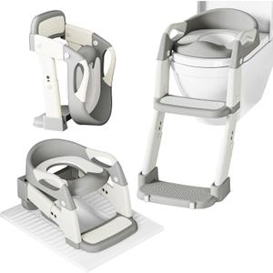 3 in 1 Potty Training Seat for Toddlers Adjustable Toilet Trainer with Anti-Slip Steps and Splash Guard Converts to Step Stool & Child Toilet Chair Foldable Design for Boys & Girls(Grey)