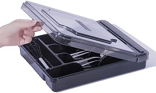 maulehua Silverware Organizer With Lid, Utensil Drawer Organizer. Removable Lid, 5 Slots Total Caddy for Flatware Cutlery Knives, Forks, Spoons, Black