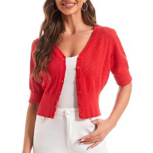 Women's Cotton Cropped Cardigan, Soft Short Sleeve V-Neck Casual Lightweight Cover Up Knit Sweater for Dresses (Red, XXL)