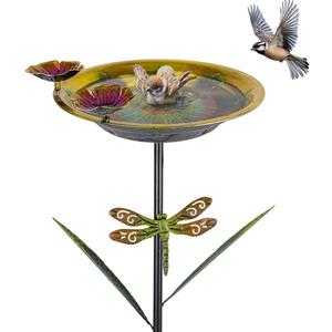 DREAMSOUL 39" Tall Bird Bath with Dragonfly Stake, Metal Birdbath with Flower Feeders, Freestanding Bird Bath for Outside Garden Yard Patio (Yellow)