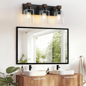 Farmhouse Bathroom Vanity Light, 3-Light Wood Bathroom Light Fixtures, Black Rustic Vanity Lights with Square Glass Shade, Vintage Lighting Fixtures Over Mirror for Bedroom Living Room Hallway