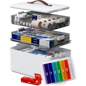 Medicine Storage Organizer, 3-Tier Medicine Box with 7-Day Pill Case, Clear Trays and Carry Handle, Empty First Aid Storage Case for Pills and Bottles