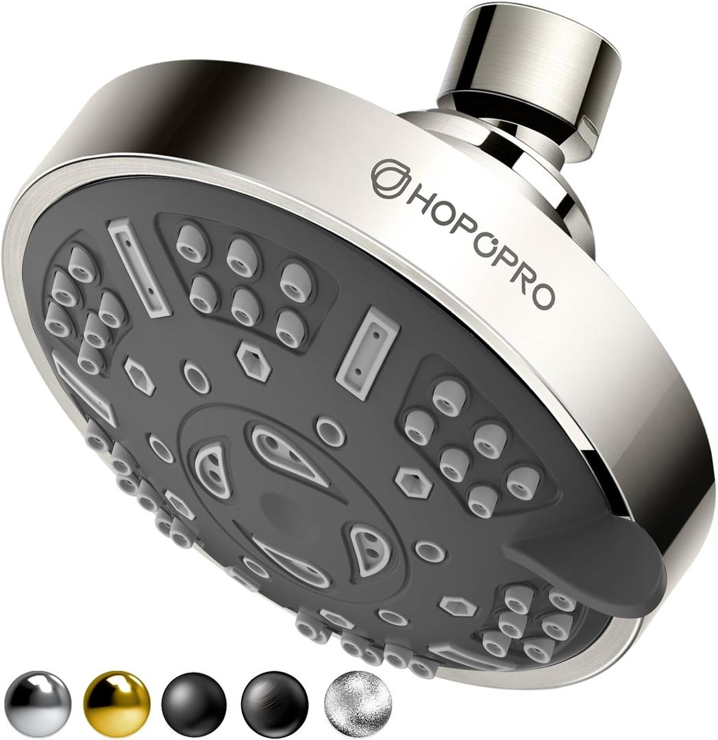 HOPOPRO Upgraded 9 Settings High Pressure Shower Head, NBC News Recommended Brand Fixed Showerhead Bathroom Showerhead Multi-functional Rainfall Showerhead for Low Water Flow (Brushed Nickel)