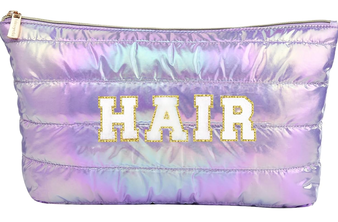 Hiroyuki Iridescent Makeup Bag, 14 inches Cosmetic Bag, Large Capacity Travel Pouch (Hair, pink)