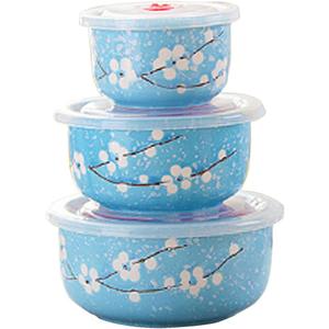 Microwave Bowls with Lid, Japanese Style Blue Ceramics Bowls Set with Lids - Ceramic Food Storage Container Set Nesting Mixing Bowls Set Serving Soup Salad Snack Noodle(3 Piece Set) 