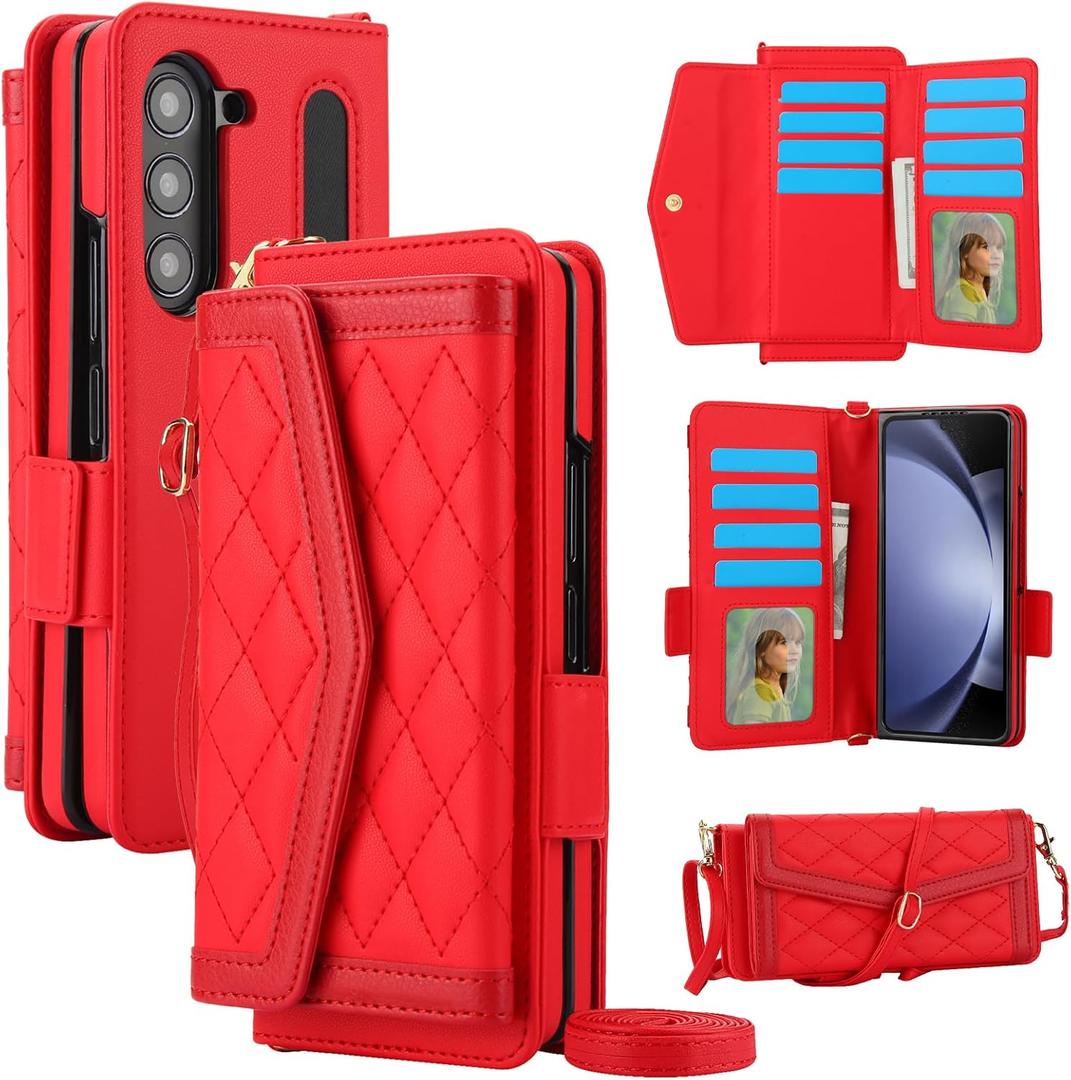 for Samsung Galaxy Z Fold 7 Wallet Case - Stitching Pattern RFID Blocking Card Holder, S Pen Slot Crossbody Strap, Full Body Protection Flip Cover for Women Red