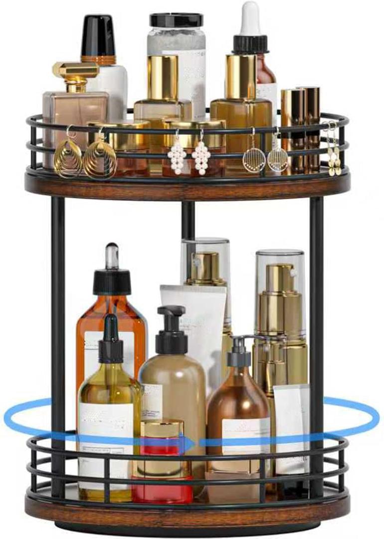 2-Tier Rotating Bathroom Countertop Organizer, Wooden Makeup Vanity Storage, Multifunctional Lazy Susan Turntable for Skincare, Perfume and Cosmetics (Brown)