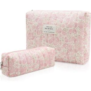 Gosect 2PC Makeup Bag Set, Cute Cosmetic Bag for Women Girls, Floral Coquette Aesthetic Toiletry Bag, Travel Make Up Organizer Bag (Pink Rose)