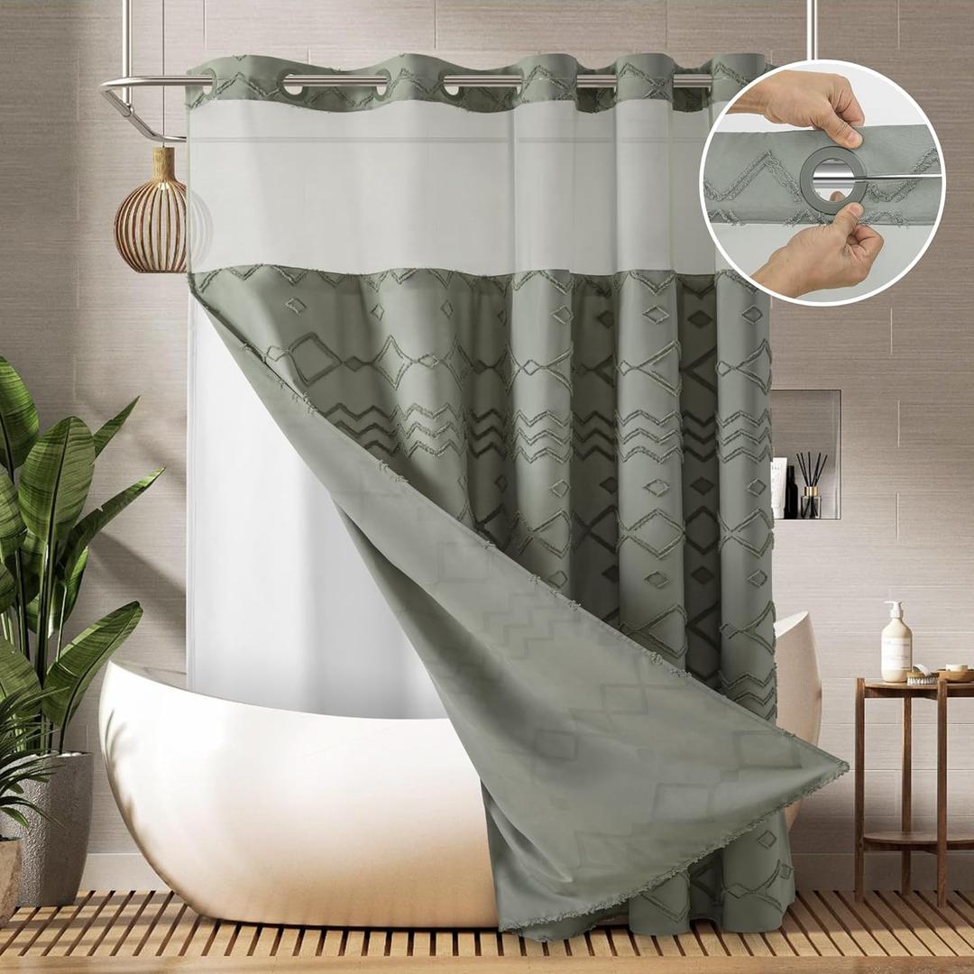 No Hooks Required Boho Farmhouse Shower Curtain Tufted Chevron Striped with Snap in Liner - 72W x 80H, Water Resistant Hotel Grade Spa Like Bathroom Curtain Set, Grey