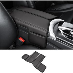 Center Console Cover Compatible with Benz C Class W205 C200 C250 C300 2015-2021 GLC 2016-2022 Class EQC 2019-2024,Armrest Cover Pad Leather Cushion Protector with Black Storage Pocket