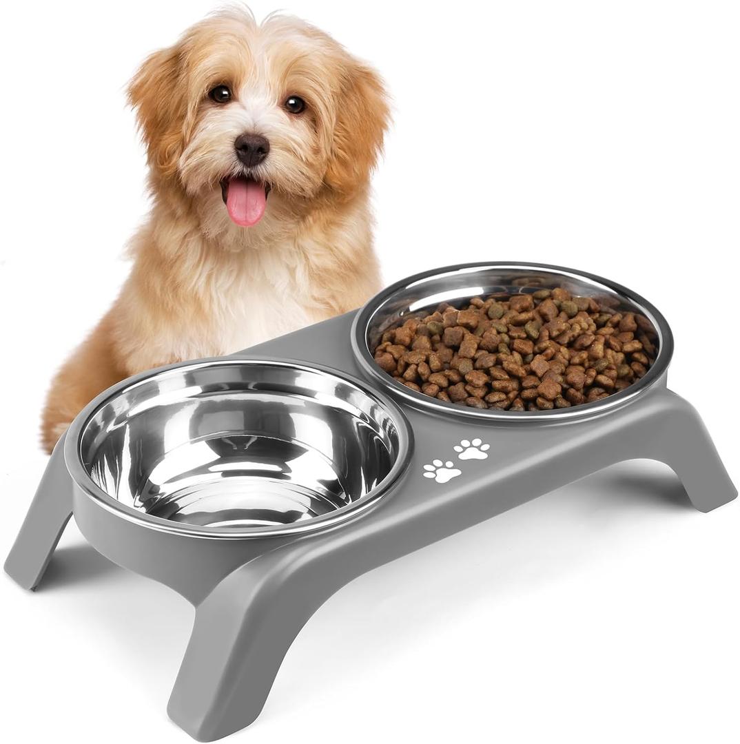 Elevated Dog Bowls for Small Dogs, 3 High Raised Dog Bowl Stand with Dual 5 Stainless Steel Bowls Non-Slip Pet Feeder for Puppy and Cats, Dishwasher Safe, Grey