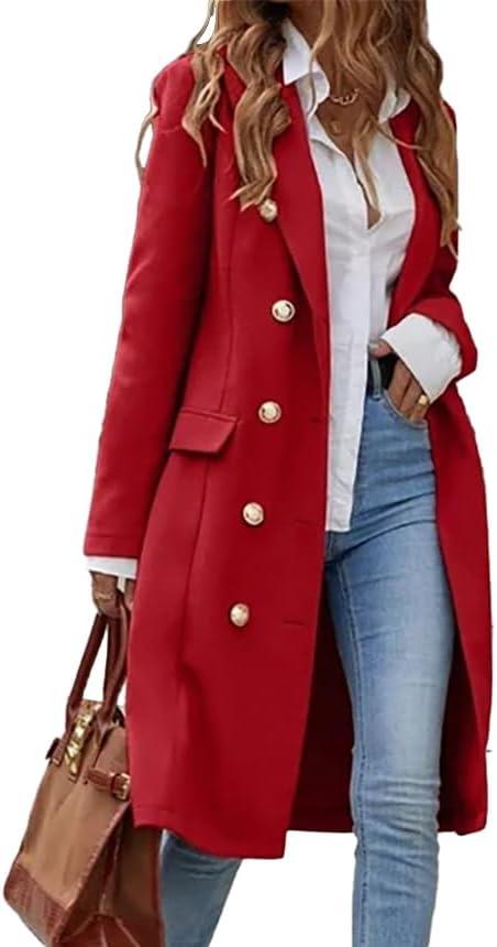 IDEALSANXUN Womens Long Wool Coat for Women Fall Winter Trench Coat Trendy Jackets (Red, L)