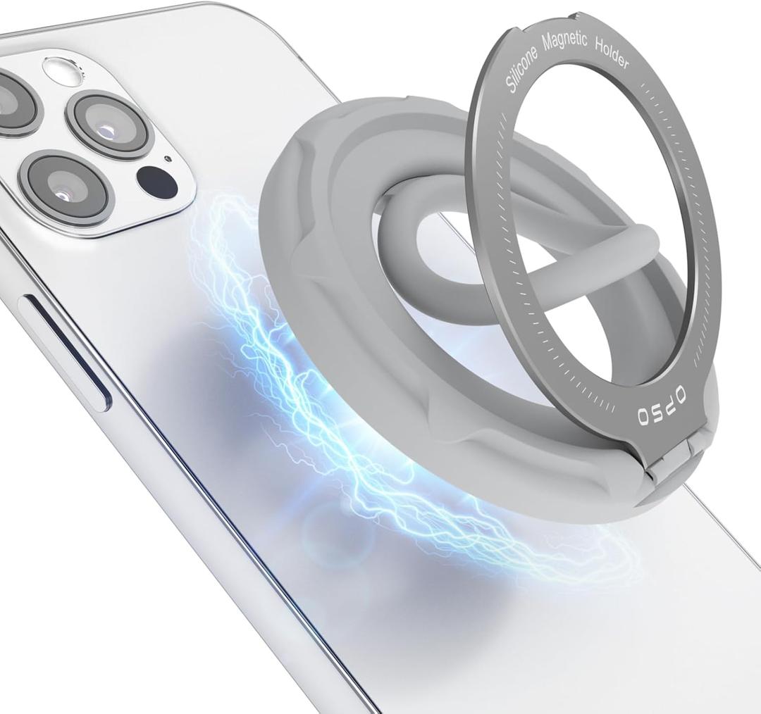 OPSO Magnetic Phone Ring Holder for MagSafe, 360 Degree Rotation Silicone Finger Ring Grip Stand Holder, Adjustable Kickstand, Compatible with iPhone 16 15 14 13 12/Pro/Max, Samsung and All Smartphone