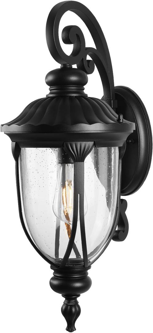 Outdoor Wall Light Fixture, Traditional Exterior Wall Sconce Lighting with Clear Seeded Glass for Front Porch, Black Outdoor Wall Lantern Lamp Outside for House Garage Balcony Doorway, Small