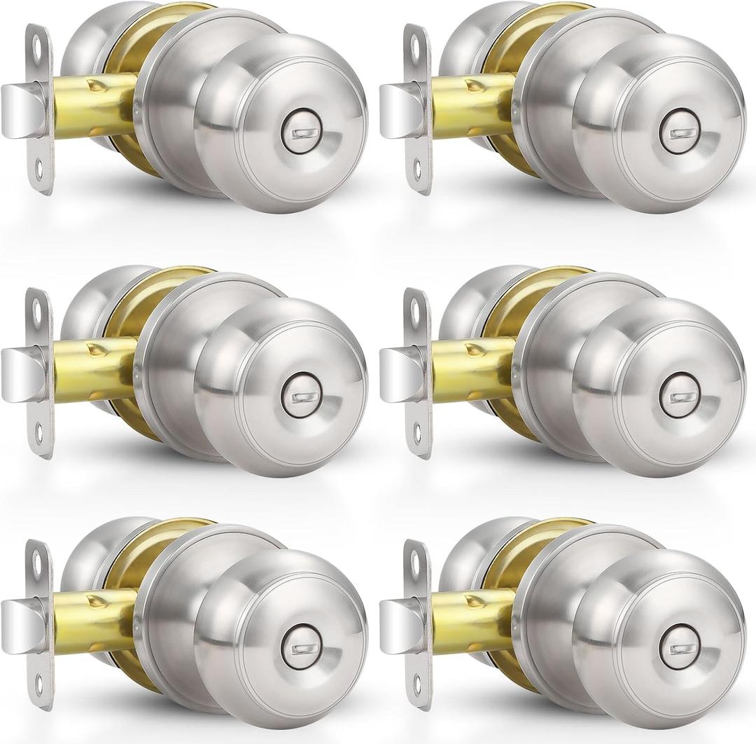 Estmoon 6 Pack Brushed Nickel Door Knobs, Privacy Door Lock Silver Keyless Door Handle with Lock for Bathroom Bedroom, Keyless Door Hardware