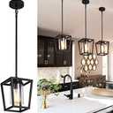 SGLfarmty 1-Light Black Pendant Lights Kitchen Island, Farmhouse Cage Metal Hanging Light Fixtures with Glass Shade，Adjustable Lantern Pendant Lighting for Dining Room, Entryway, Hallway
