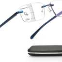 Missfive Premium Aluminum Progressive Multifocus Reading Glasses Men Blue Light Blocking, No-Line Spring Hinge Rimless Office Multifocal Metal Readers, Workspace for Near Range, +2.25, Sapphire (Multifocal, Non-0 Top Lens / Dark Sapphire)