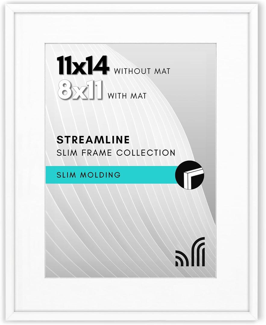 Americanflat 11x14 Picture Frame with Shatter-resistant Glass - Use as 8x11 Frame with Mat or Display 11x14 Photo Without Mat - Streamline Collection - Thin Border Picture Frames for Wall - White