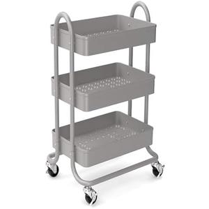 KoolerThings 3-Tier Rolling Metal Storage Organizer - Mobile Utility Rolling Storage Cart, Kitchen Cart with Caster Wheels (Grey)