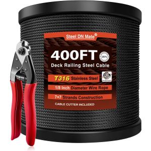 Steel DN Mate 400ft 1/8" Black Cable Railing Wire Rope, T316L Marine Grade Stainless Steel for Stair Deck System, 7 7 Strands Construction Hardware With Cutter (400FT with Cutter)