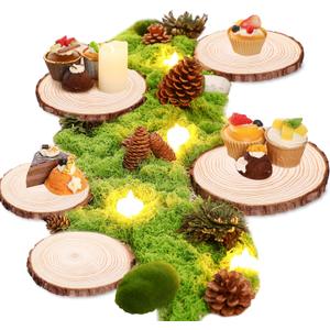 Nuanchu 14 Pack Wood Table Centerpieces with Rustic Wood Slices and Artificial Fake Green Moss for Wooden Fairy Wedding Woodland Table Decor Ideal DIY Crafts (4. 7-5. 5'')