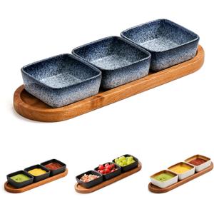 Chip and Dip Serving Set, Ceramic Dipping Sauce Bowls with Wooden Tray, 3.5 inch Side Dishes Set of 3 for Entertaining, Party, Buffets, Appetizers, Snacks and Sushi, Blue