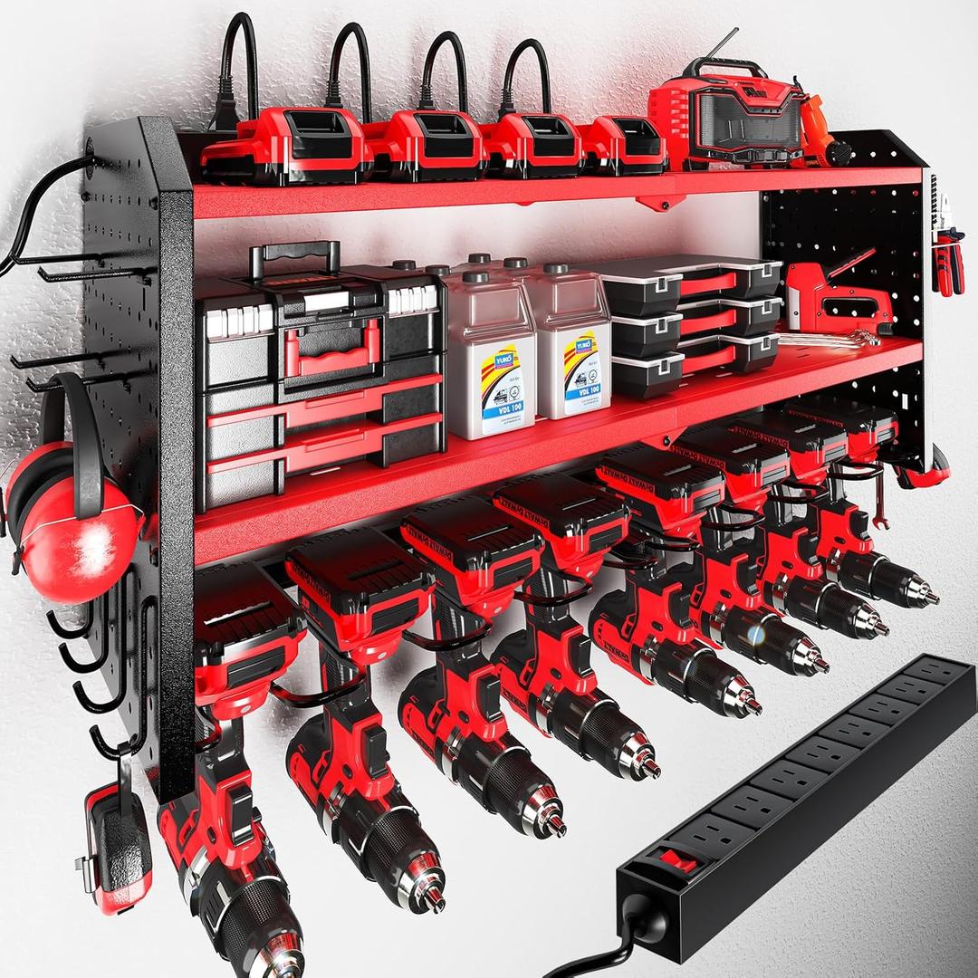 KAFAHOM Power Tool Organizer with Charging Station, Built in 8 Outlet Power Strip, Large 8 Drill Holder Wall Mount, Heavy Duty Metal Power Tool Storage Rack Tool Shelf for Garage Organization Red (8 DRILL RED, Red-32 inches)