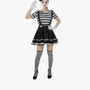 Adult Women French Mime Costume Outfit Girls Paris Artist Halloween Cosplay Shirt Dress Beret Socks Gloves Suit Set L
