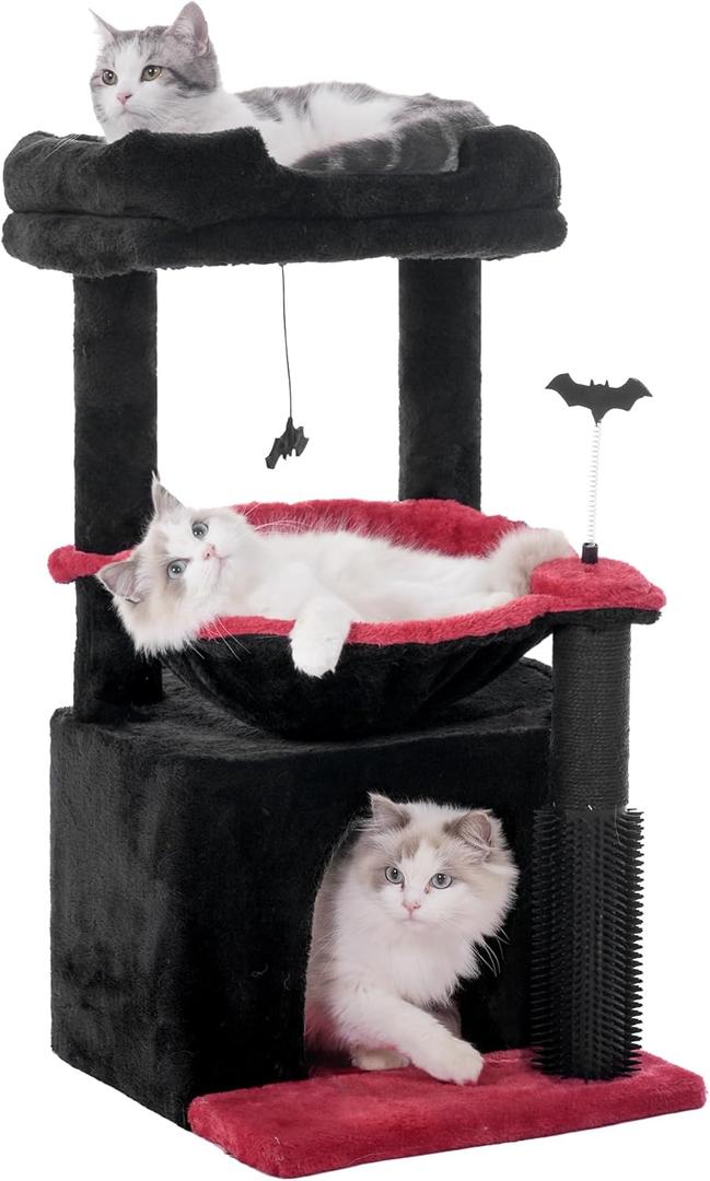 Gothic Cat Tree 32 Inches Small Cat Tree for Large Cats Adult Cat Tower with Scratching Post,15.7Large Hammock and Self Groomer, and Removable Top Perch and Wide Condo for Indoor Cat-Gothic