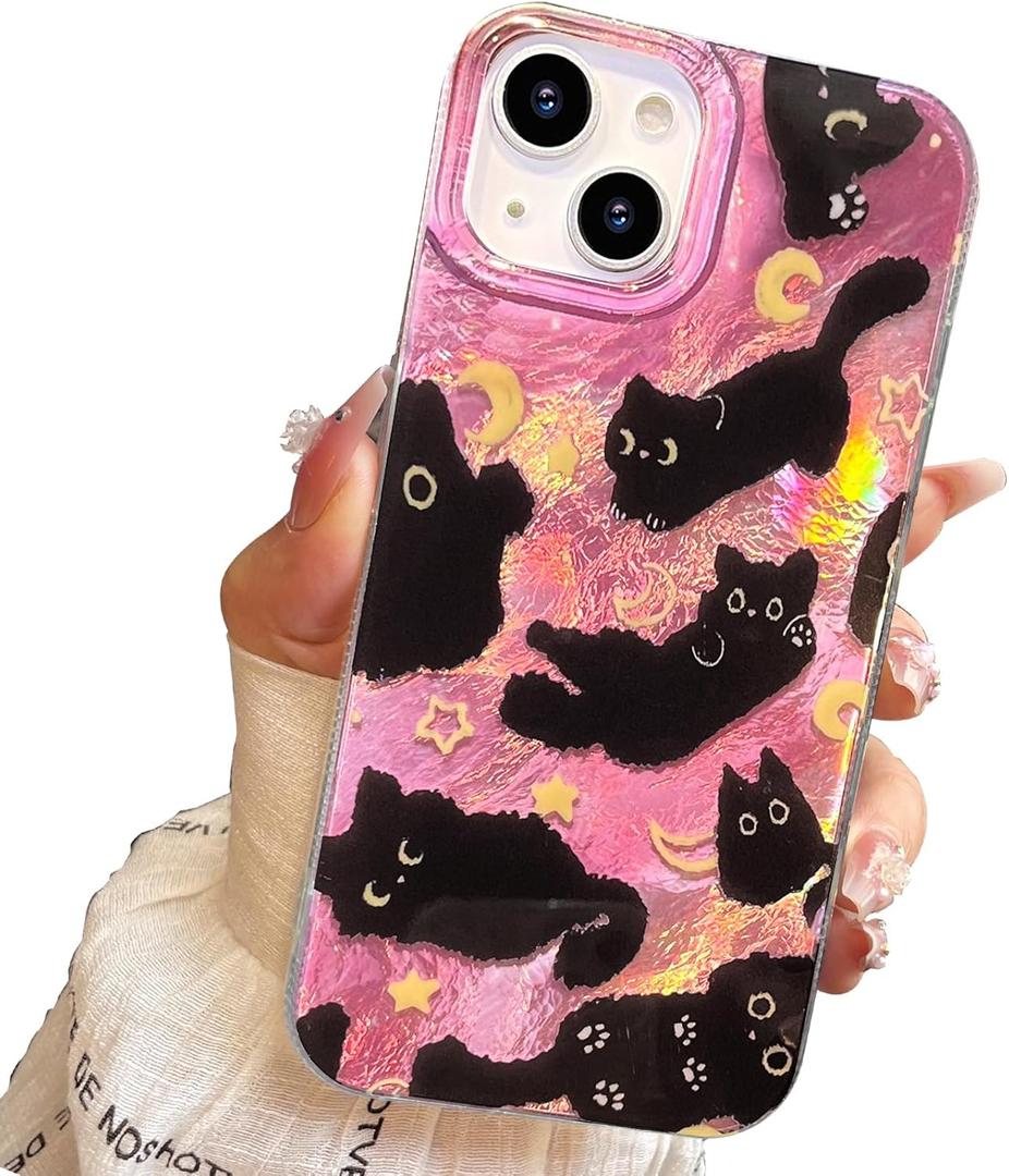 Compact Case for iPhone 15 Black cat-Pink Design,Cute Trendy Soft Slim TPU Shockproof Protective Bumper Phone Cases Cover for Women Girls Aesthetic Glitter Shiny Adorable