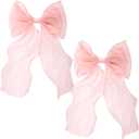 2Pcs Large Hair Bow Clips, Pink Silk Yarn Ribbon Bow Hair Barrette for Women, Elegant Long Tail Bowknot French Hair Accessories for Wedding, Parties, Festivals