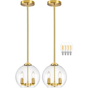 10" Gold Pendant Lights 2 Pack Glass Globe Pendant Light Fixture Bedroom Mid Century Modern Pendant Lighting Brass Pendant Light for Kitchen Island Bedroom Living Room (Bulb Incl.)