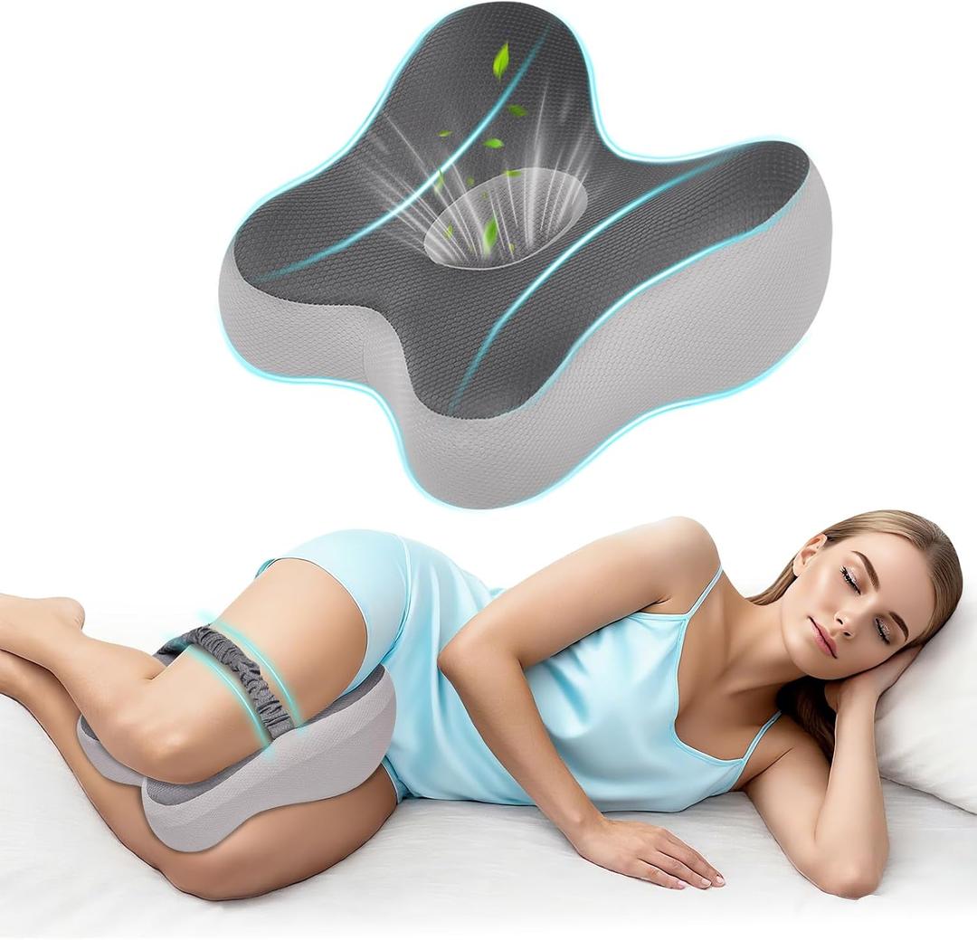 Knee Pillow for Side Sleepers Memory Foam Sciatica Pain Relief Leg Pillow, Removable Breathable Cover & Elastic Strap Grey, 12*9*3.6''