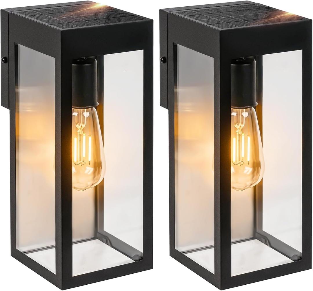 2-Pack Solar Wall Lights with Replaceable Bulb, Outdoor Solar-Powered Lantern with Dusk-to-Dawn Sensor, LED Sconce Metal Exterior for Front Porch, Security Lamps for Patio Fence Garage, Bulbs Included