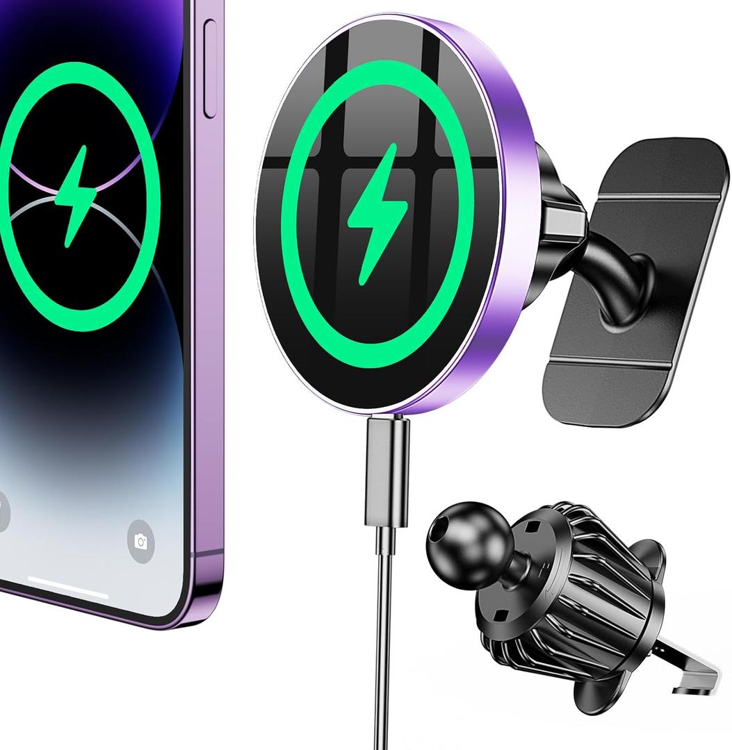 Coolpow for Magsafe Car Mount Charger100% Stable 15W Magsafe Car Charger Magnetic Phone Holders for Your Car Accessories for Women Men car Phone Holder Wireless Car Charger for iPhone (Purple)