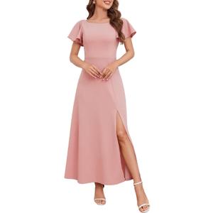 DRESSTELLS Formal Dress for Women, Cocktail Wedding Guest Party Prom Dress, Long Split Gowns and Evening Dresses (Large, Blush)