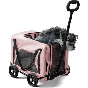 Pet Stroller 4 Wheels - Easy-Fold Dog Cat Stroller for Small Medium Dog Cats Carrier, Travel Folding Carrier Breathable and Visible Mesh with Cup HolderPink