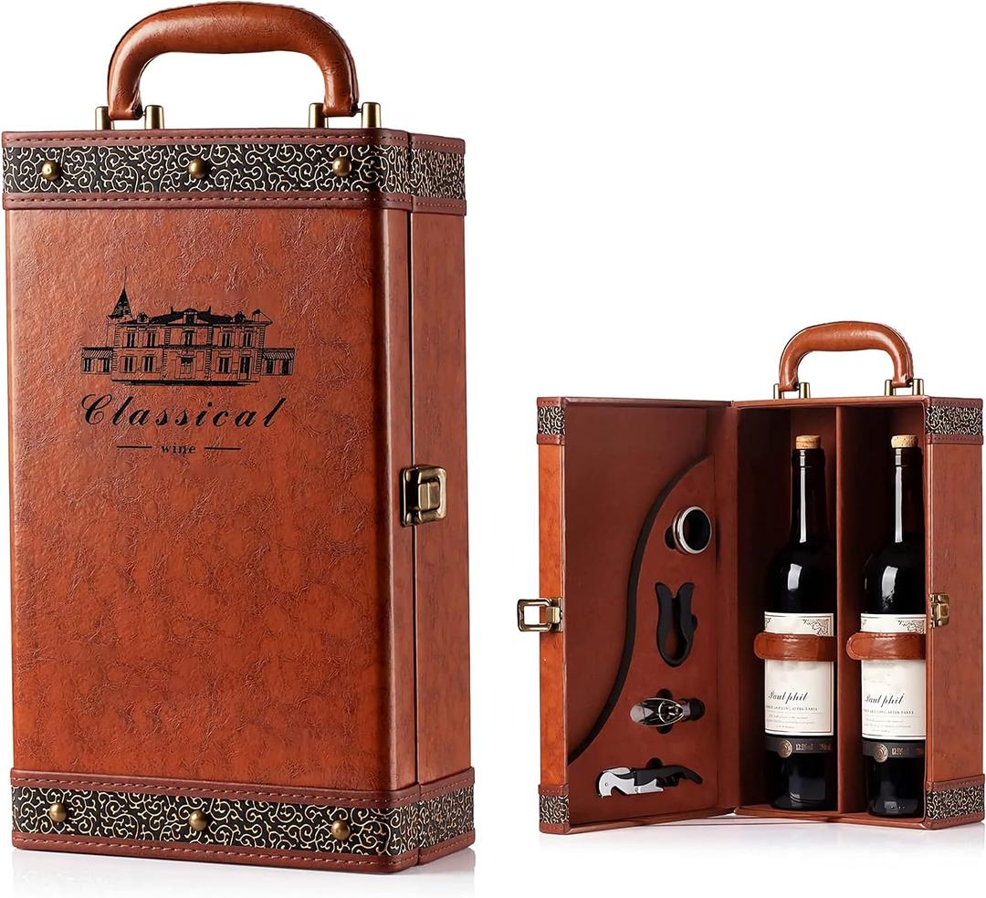 Wine Gift Box with 4 Wine Accessories Set, Portable Two Bottle Wine Carrier Case for Christmas, Wedding, Anniversary, Party, Vintage Leather Wine Storage Box for Home Bar Decor and Wine Collection