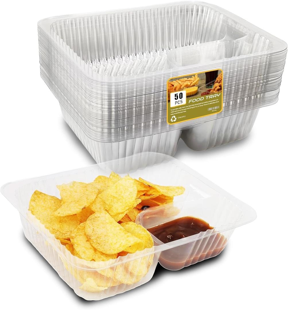 50 PC Nacho Trays Disposable, 12oz Plastic Nacho Containers with Chip and Dip Holder, 6x5 In 2 Compartments Clear Snack Trays for Kids,Parties, Movie Night Supplies (Plastic-50pc)
