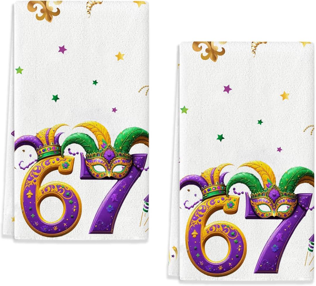 Mardi Gras 6 7 Meme Kitchen Towels Set of 2 Funny Carnival New Orleans Six Seven Dish Towels for Cleaning Bathroom Home Decoration